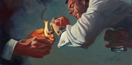 Gabe Leonard's artwork of a man's hands lighting a cigar for another man. The man on the right is wearing a white collared shirt with cuff links holding the cigar with his left hand an a neat cocktail with his right. The man on the left has only his hands in the painting.
