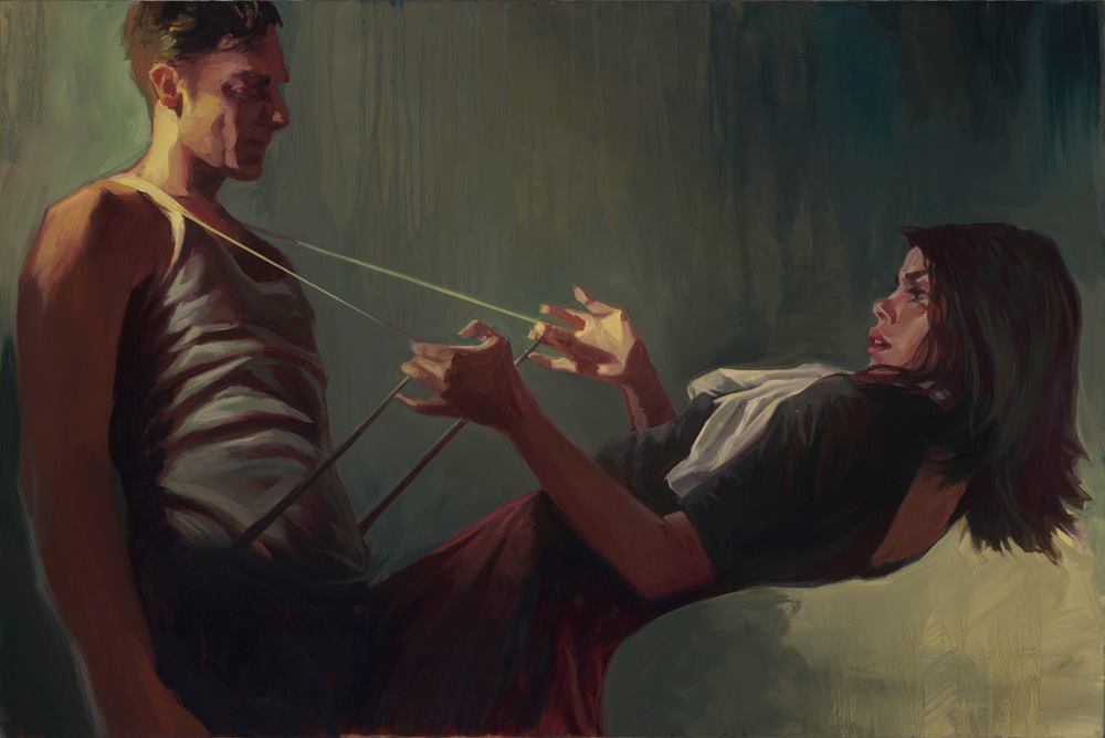 Gabe Leonard's artwork of a man and a women. The man is wearing suspenders that the women is pulling leaning back from the waist up. 