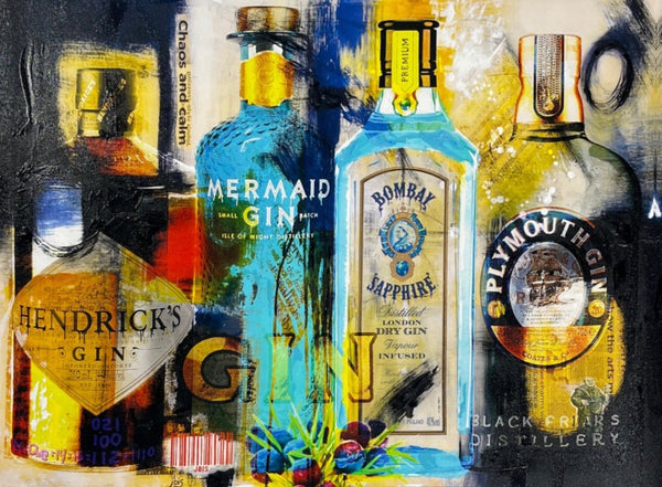 Bisaillon Brothers artwork of Hendrick's Gin, Mermaid Gin, Bombay Sapphire and Plymouth Gin.