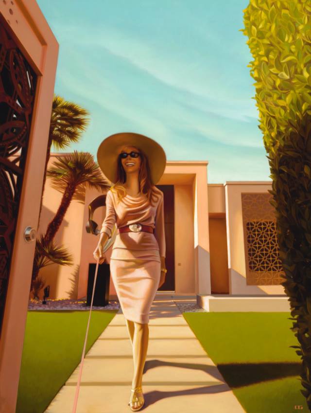 Carrie Graber's original painting of a lady walking a dog outside a modern home. 