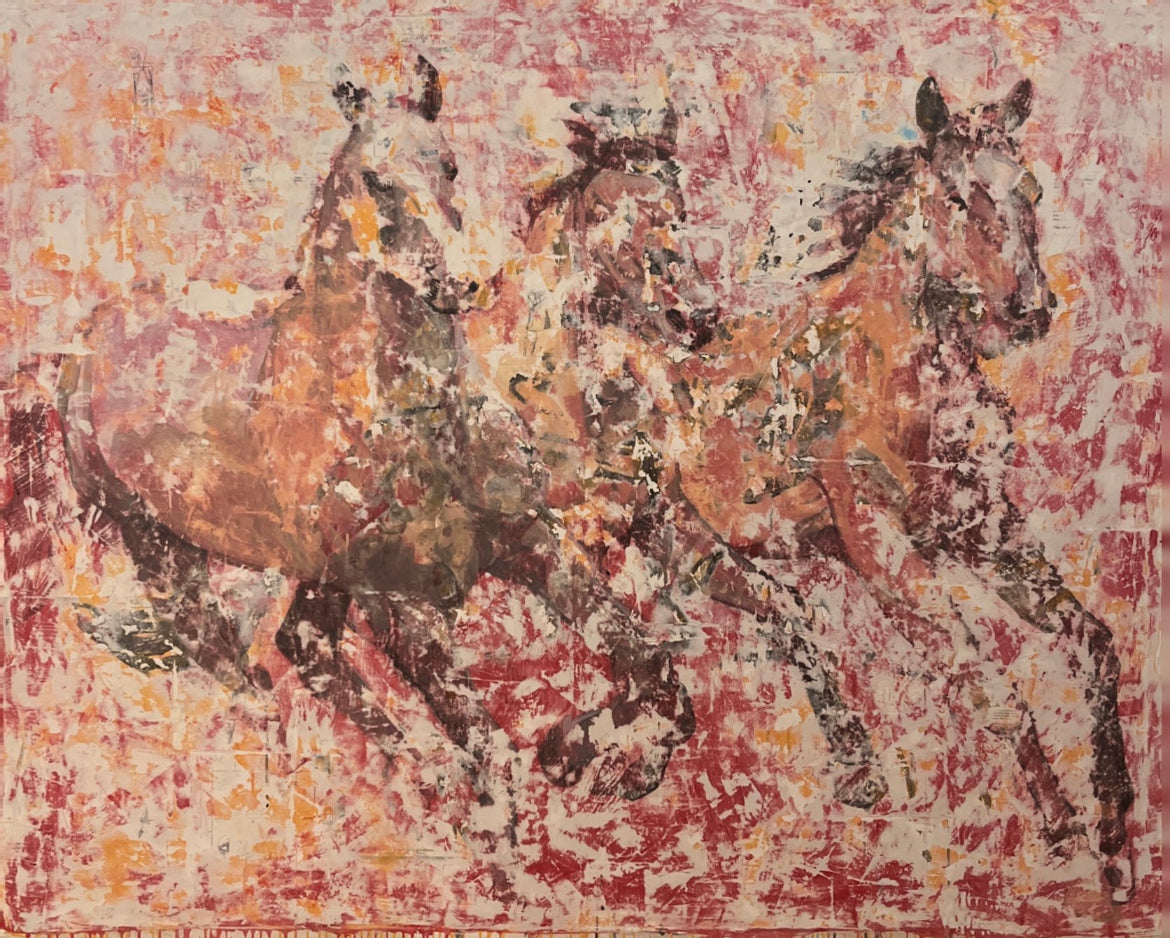 Nicole Charbonnet oversized original abstract artwork of three horses that are red..