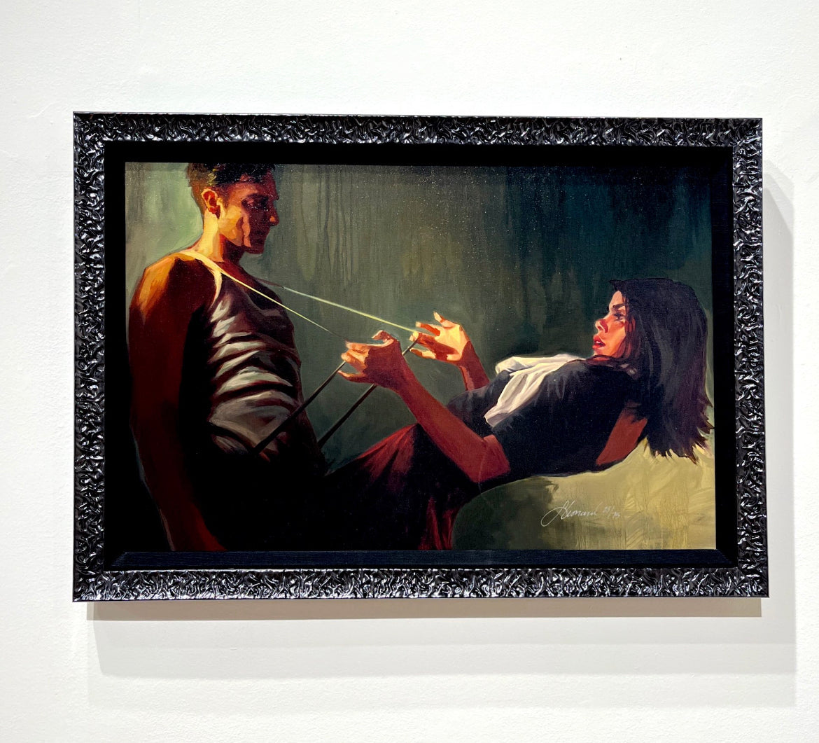 Gabe Leonard's artwork custom framed by Ao5 Gallery in black shiny ornate frame.