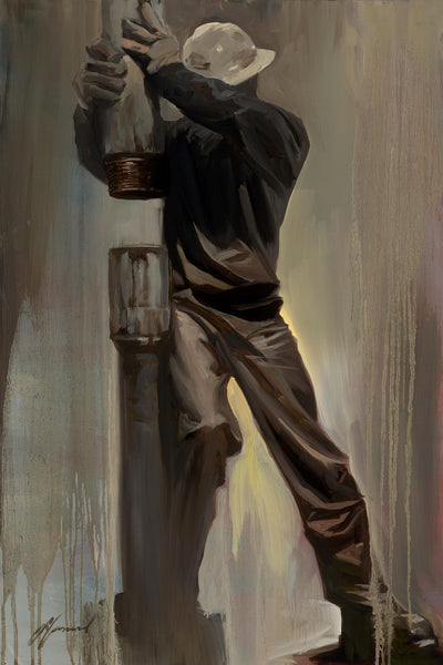 Gabe Leonard's artwork of a man working on an oil field connecting a large pipe, wearing a hard hat.