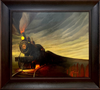 Gabe Leonard's painting of a train coming around the bend on a bridge with smoke coming out of the chimney. The front of the train looks to be derailed with red sparks. Custom framed in 4 inch wooden frame. 
