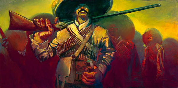 Gabe Leonard's artwork of four Vaquero. One is centered and holding a rifle over his right shoulder. His left hand is holding a knife in its holster on his left hip. 