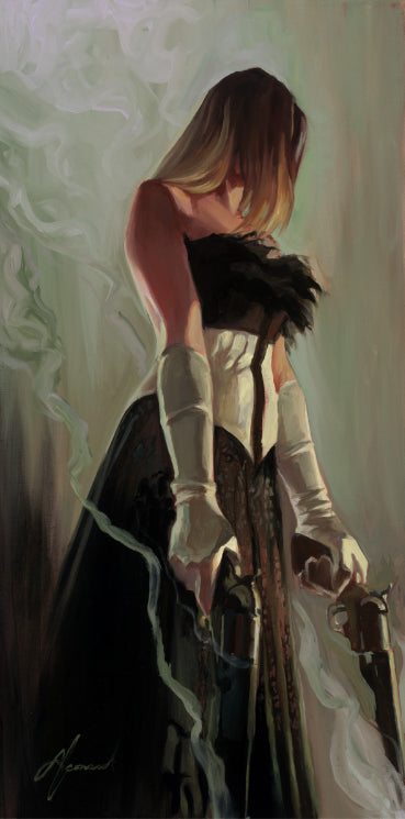 Gabe Leonard's artwork of a lady holding two guns shooting down after they have been fired with smoke coming out of them. She is wearing an off the shoulder dress with feather trim, white corset and white gloves. 