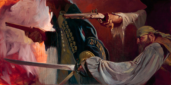 Gabe Leonard's artwork of three pirate men. One holding a sword, and two holding pistols. One is wearing a blue captain jacket. 