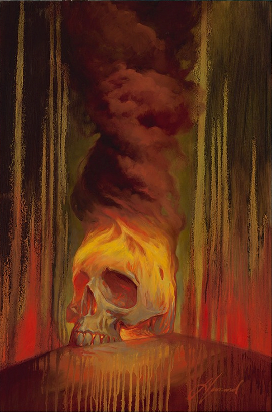 Gabe Leonard's artwork of a skull in flames smoking out the top of the skull.  