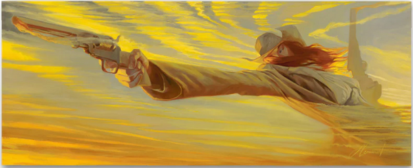Gabe Leonard's artwork of a woman reaching to her right pointing a gun. The background is yellow striped clouds. Her hair is red. 