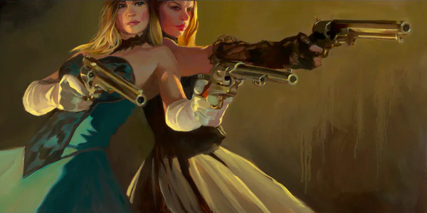 Gabe Leonard's artwork of two women leaning back to back shooting guns toward their left. One woman is wearing an off the shoulder blue dress holding two guns and white gloves. The other is wearing a black corset and white dress with black lace gloves. 
