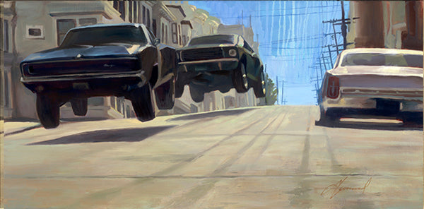 Gabe Leonard's artwork of two Pinto cars midair from coming quick over a hill. 