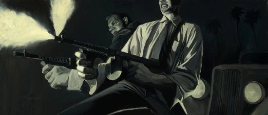Gabe Leonard's black and white artwork of two men back to back shooting machine guns.  