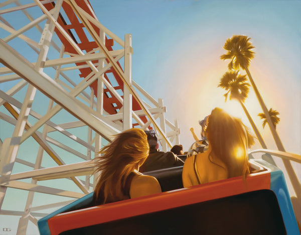 Carrie Graber's artwork of two girls on a vintage roller coaster. 