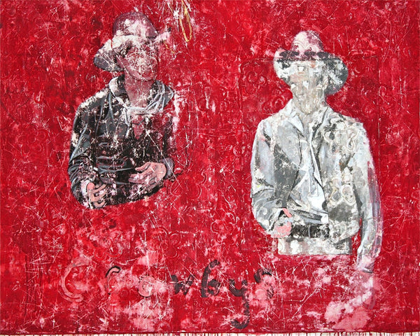 Nicole Charbonnet oversized original artwork of two cowboys on red..