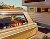 Carrie Graber's artwork of a vintage Station Wagon with roadtrip stickers in the window. The car is pulling a RV camper. 