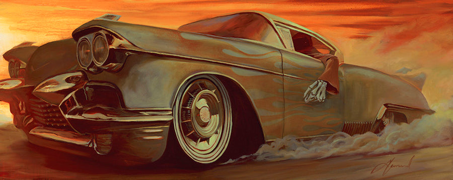 Gabe Leonard's artwork of a skeleton arm hanging out of a 1960 Cadillac with smoke coming out from underneath. The background is a sunset.