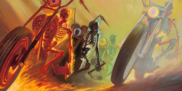 Gabe Leonard's artwork of four skeletons on motorcycles coming towards the viewer holding knives and double sided flails. Vibrant colors red yellow and green.