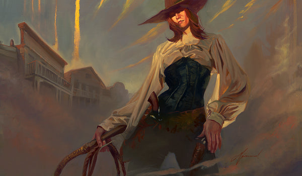 Gabe Leonard painting of a lady outside of western town holding a rope whip and a gun in the holster on her left hip.  Wearing blue corset over a white long sleeve blouse and a cowboy hat. 